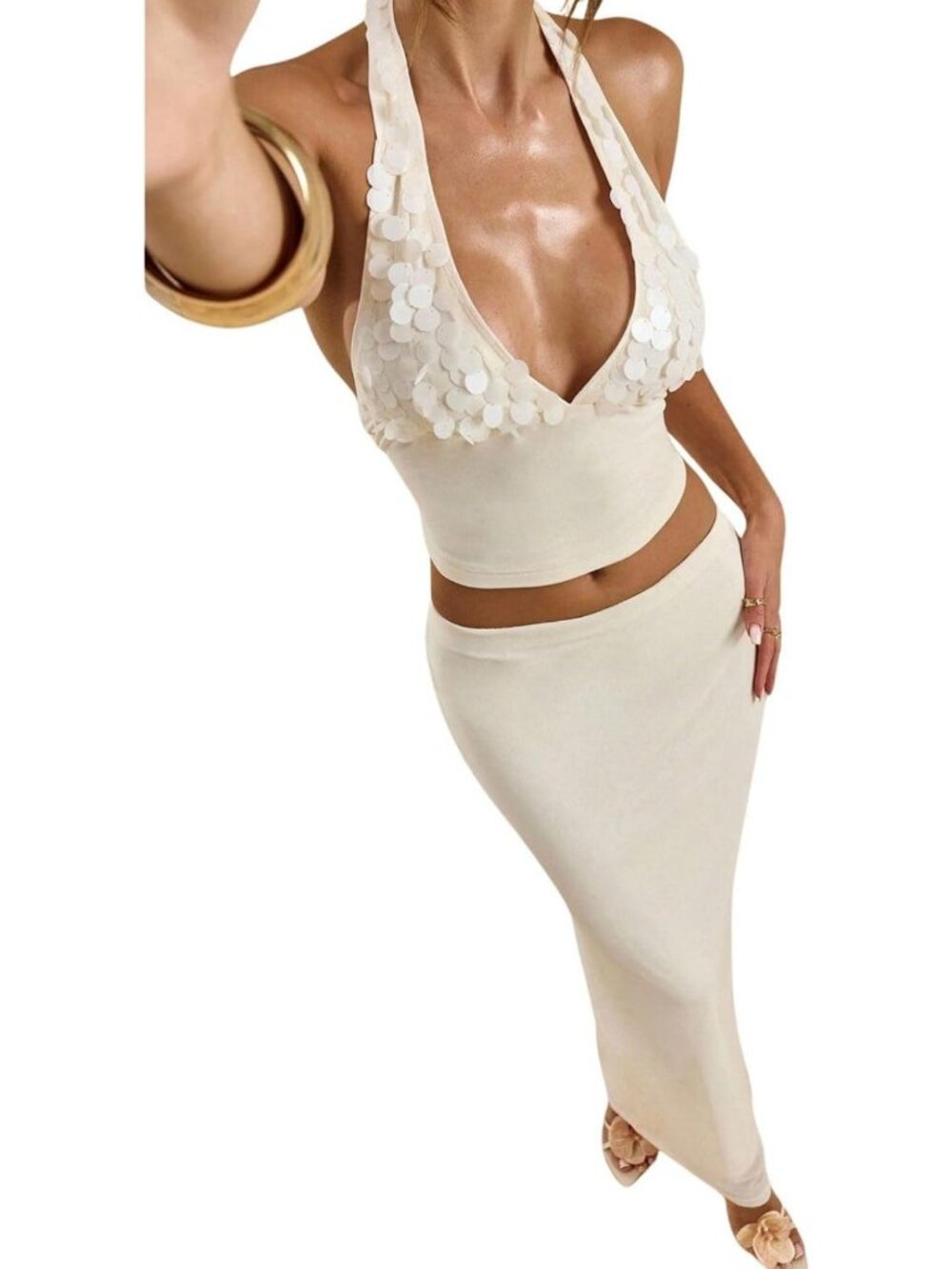 Sparkly Sequin Halter Crop Top & Skirt Set for Night Out, Brunch, Party Wear